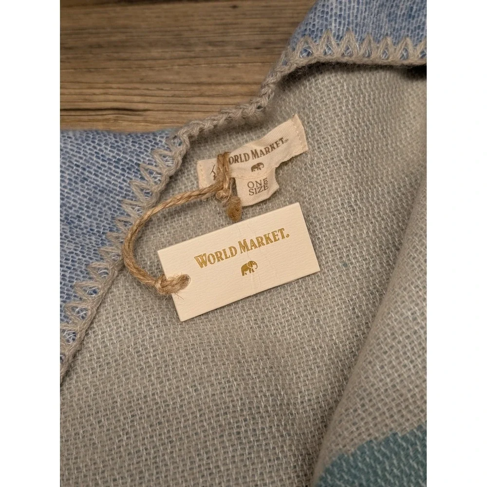 World‎ Market Striped Ruana Wrap Poncho Shawl Blue Cream One Size Boho